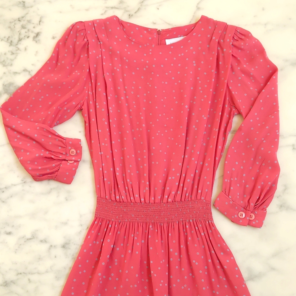 NWOT. Vintage Karin Stevens Coral with blue circle patterned Maxi Dress.